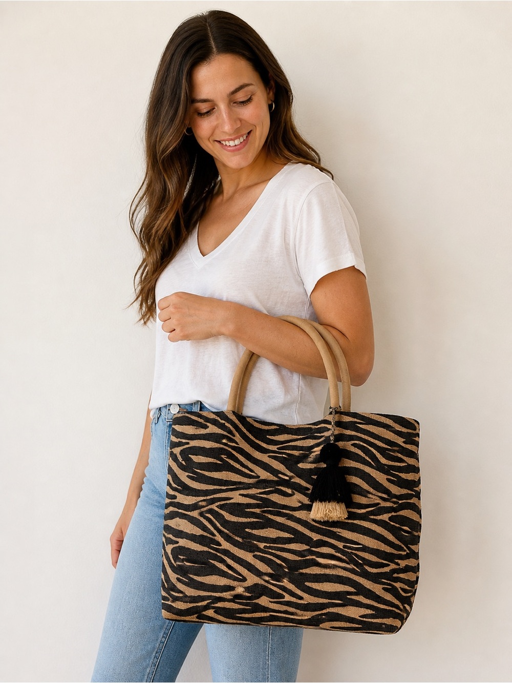 Zebra-Print Woven Tote in Tan & Black with Tassel